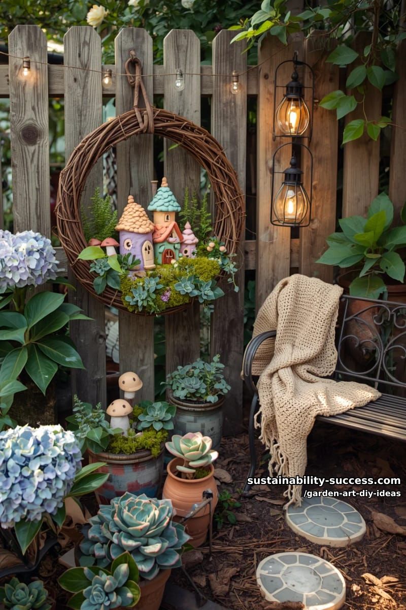 23 Creative Garden Art DIY Ideas for a Unique Outdoor Decor 36 weave a grapevine wreath and fill with mini clay fairy houses and moss. 1