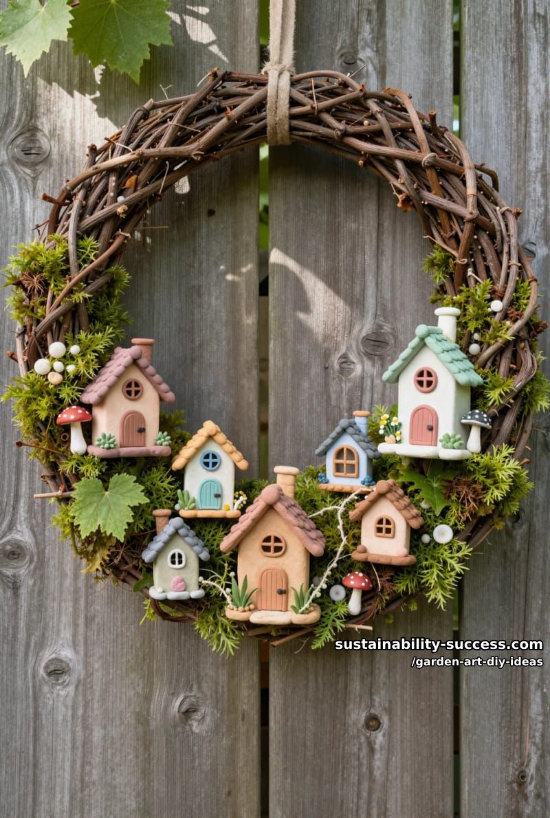23 Creative Garden Art DIY Ideas for a Unique Outdoor Decor 37 weave a grapevine wreath and fill with mini clay fairy houses and moss. 1