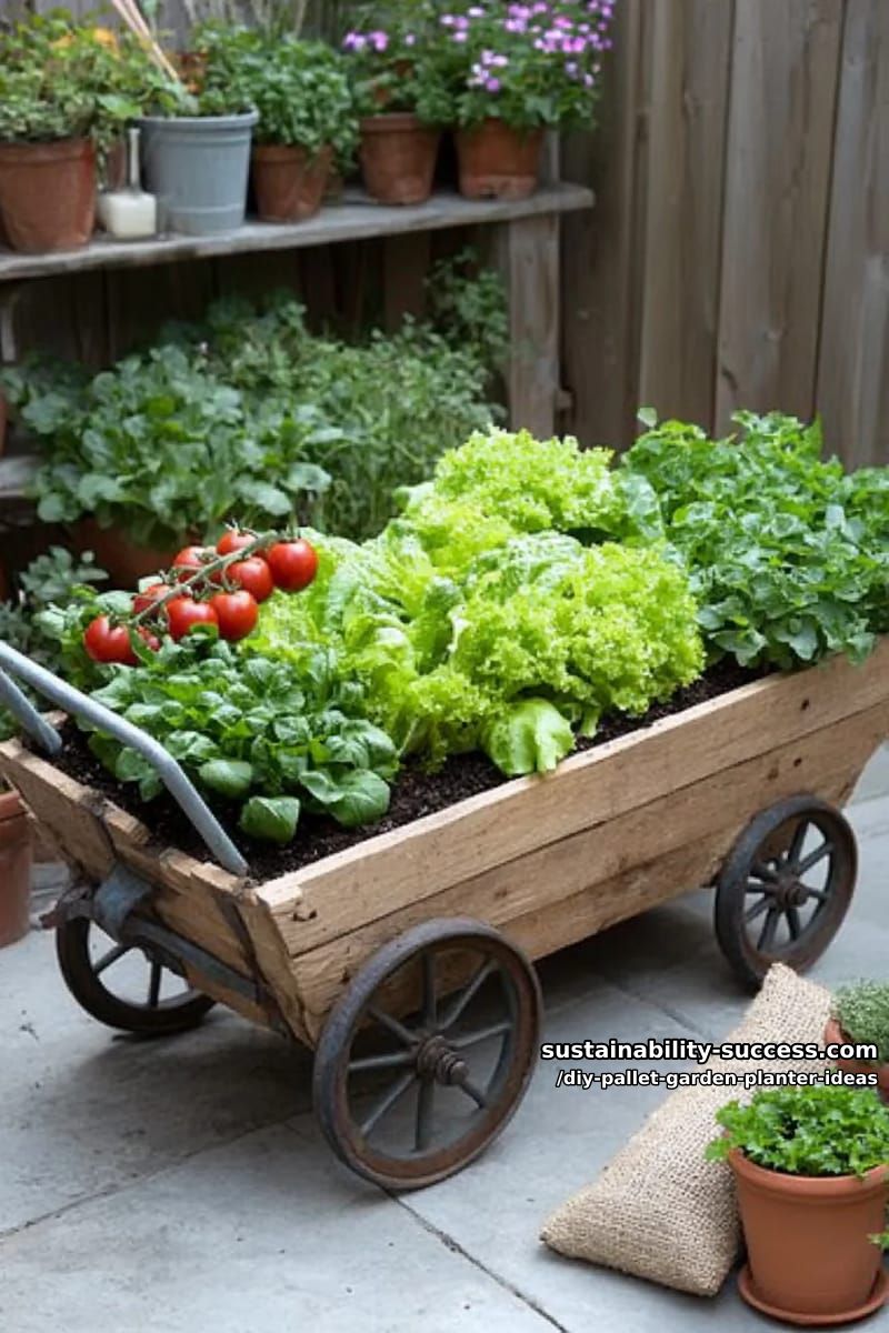 wheelbarrow-inspired mobile pallet planter for seasonal vegetables 1