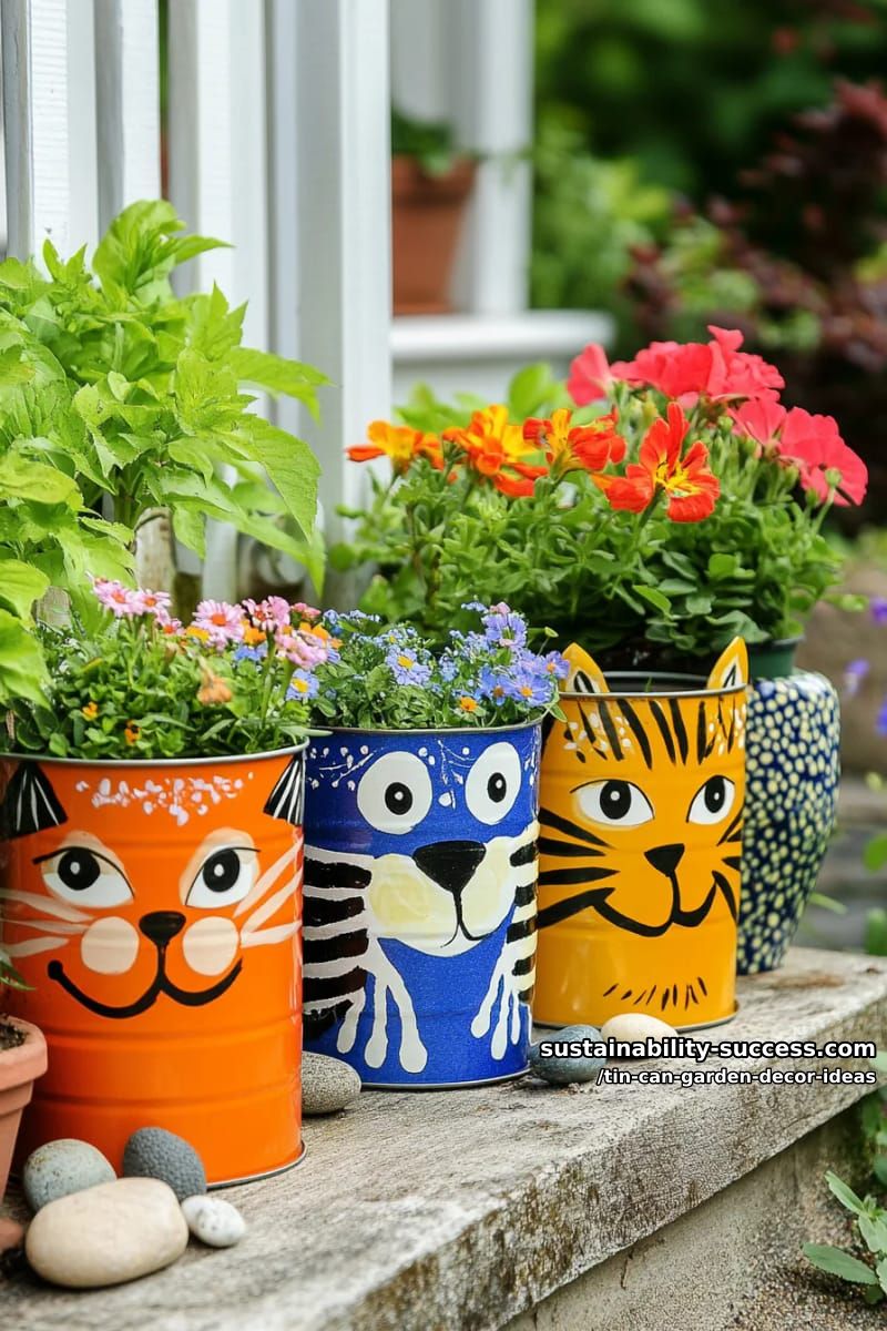 whimsical animal shaped planters: cats, bees, and frogs from recycled cans 1