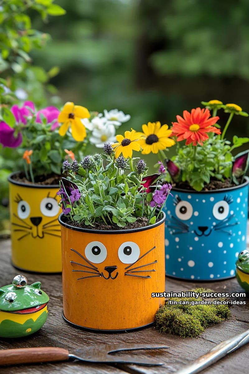 whimsical animal shaped planters: cats, bees, and frogs from recycled cans 1