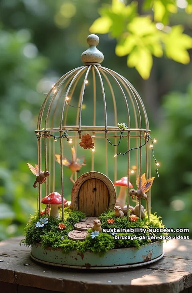 whimsical fairy door birdcage diorama with moss and tiny figurines 1