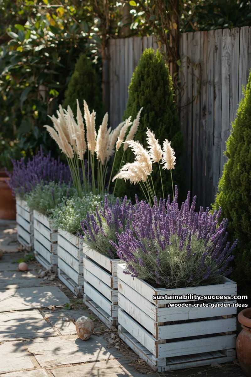 whitewashed crates filled with lavender and ornamental grasses for cottage charm 1