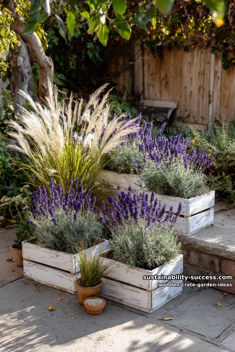 whitewashed crates filled with lavender and ornamental grasses for cottage charm 1