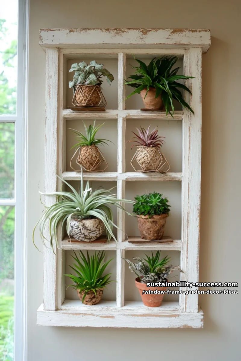 whitewashed window frame filled with air plants and geometric shelves 1