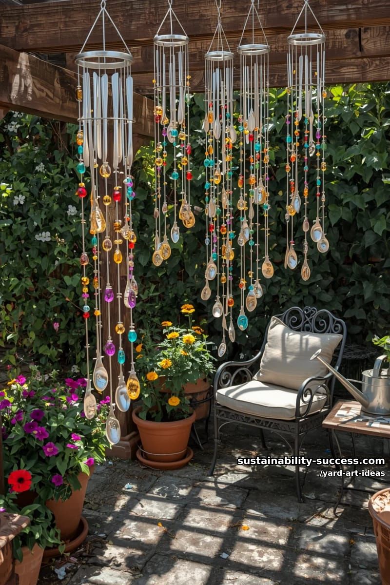 wind chime sculptures using vintage silverware and colored beads 1