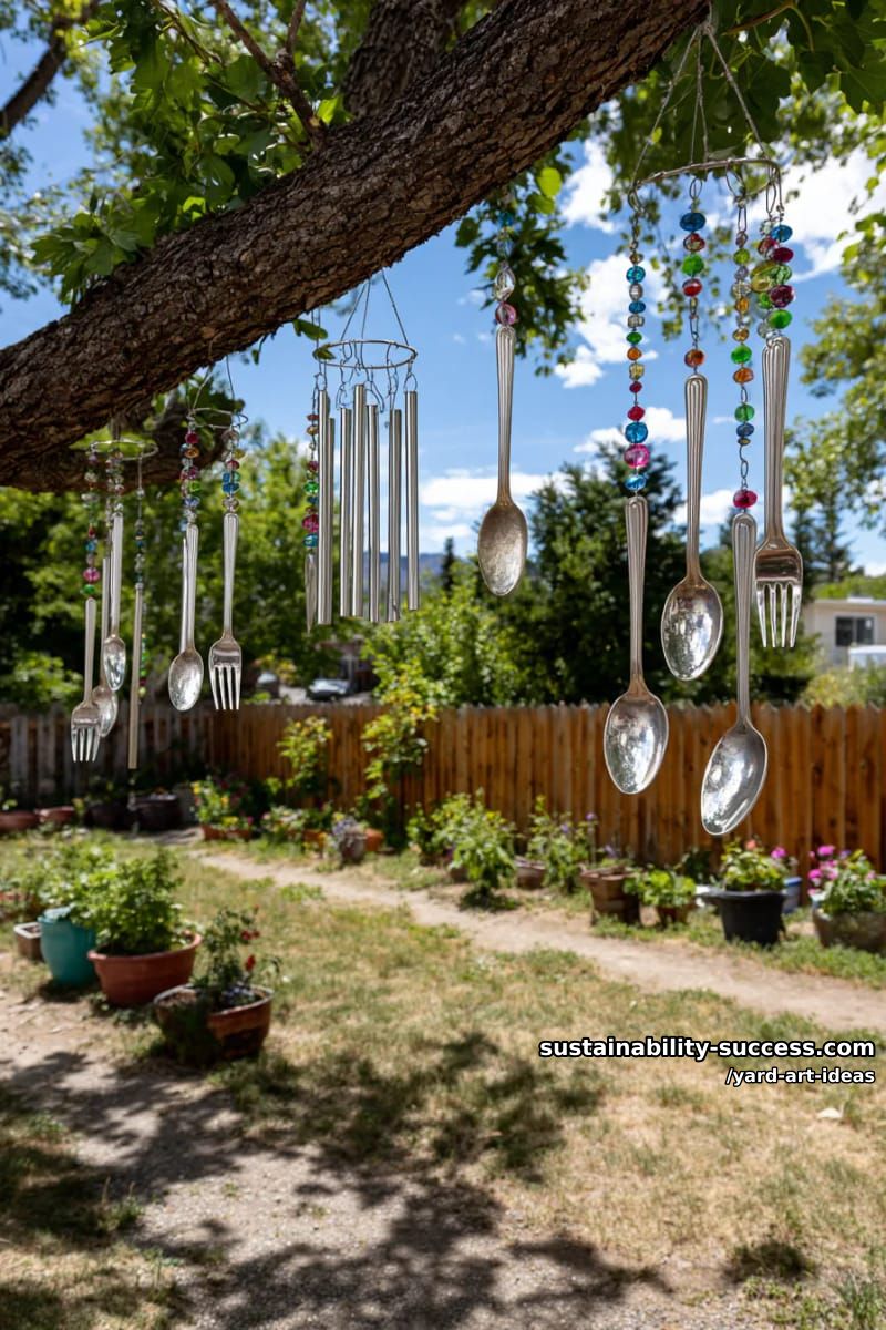 wind chime sculptures using vintage silverware and colored beads 1