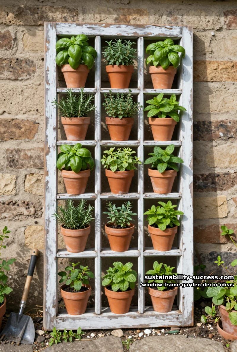 window frame herb garden using small pots arranged in each pane 1