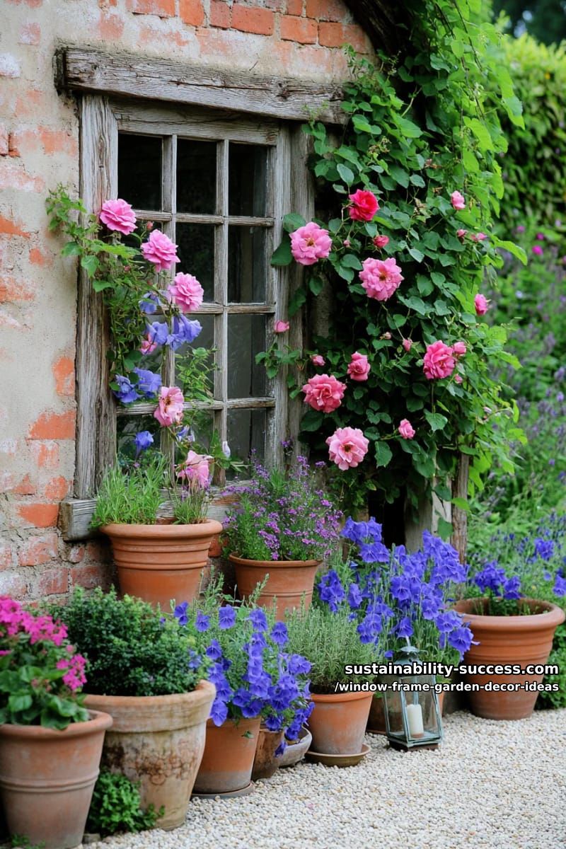 window frame trellis with climbing roses and twining morning glories 1