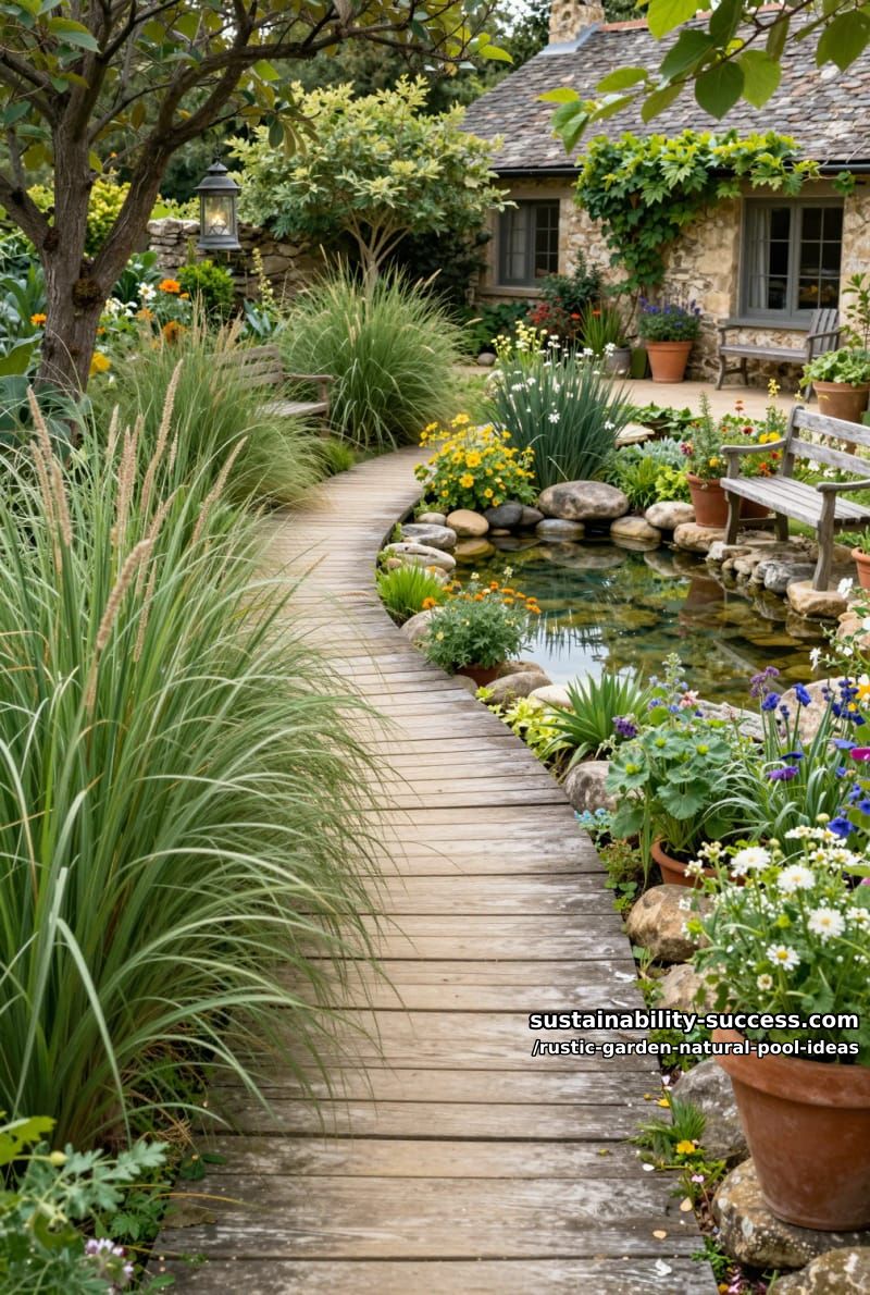 wooden deck pathway winding through tall grasses to a hidden swimming pond 1