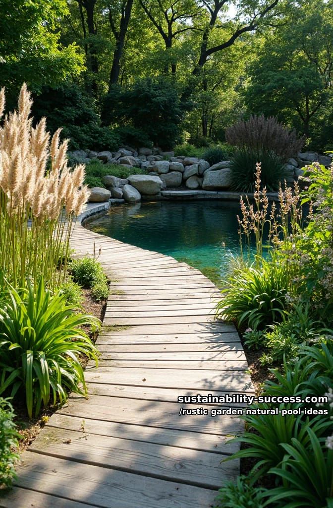 wooden deck pathway winding through tall grasses to a hidden swimming pond 1
