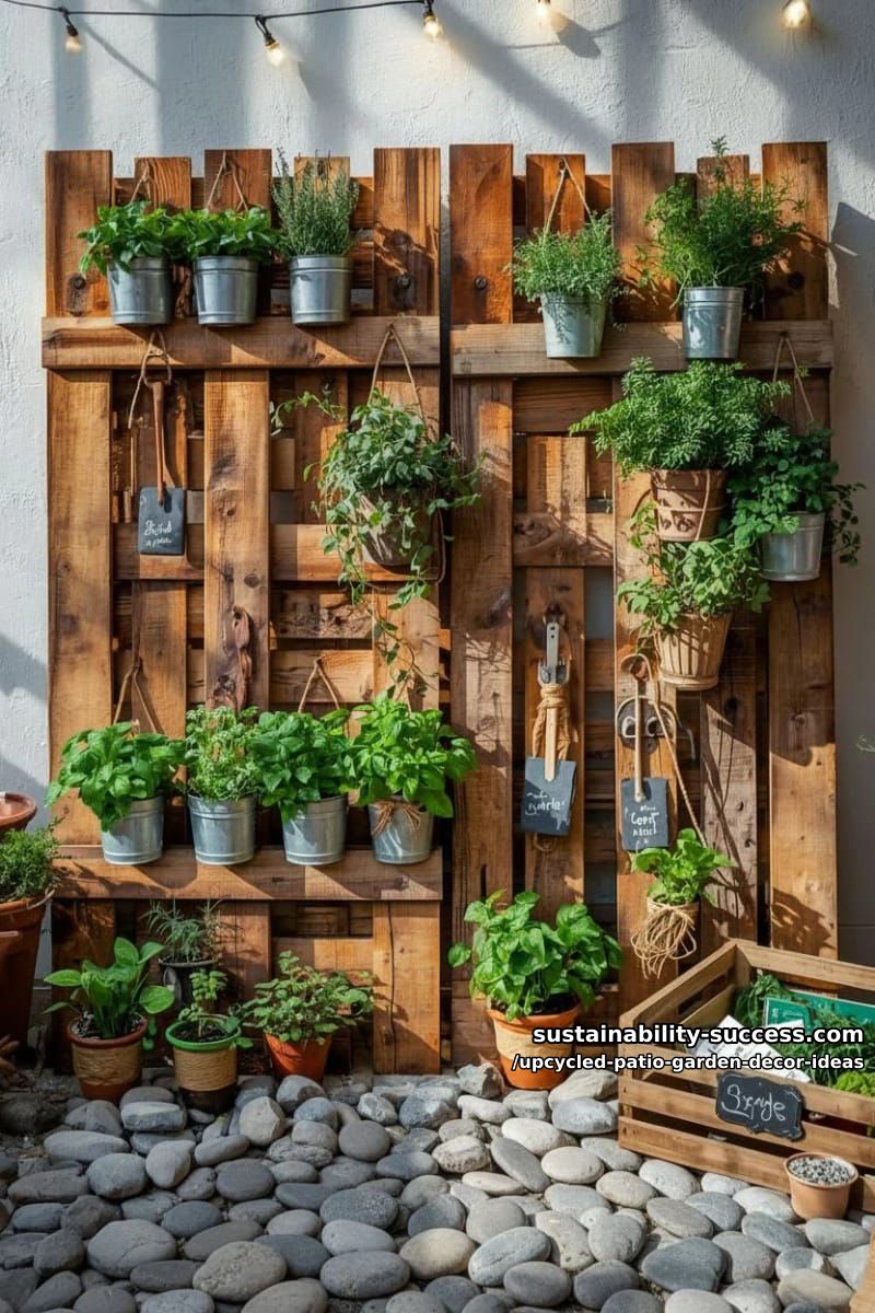 wooden pallets stacked and filled with herbs for rustic patio wall decor 1