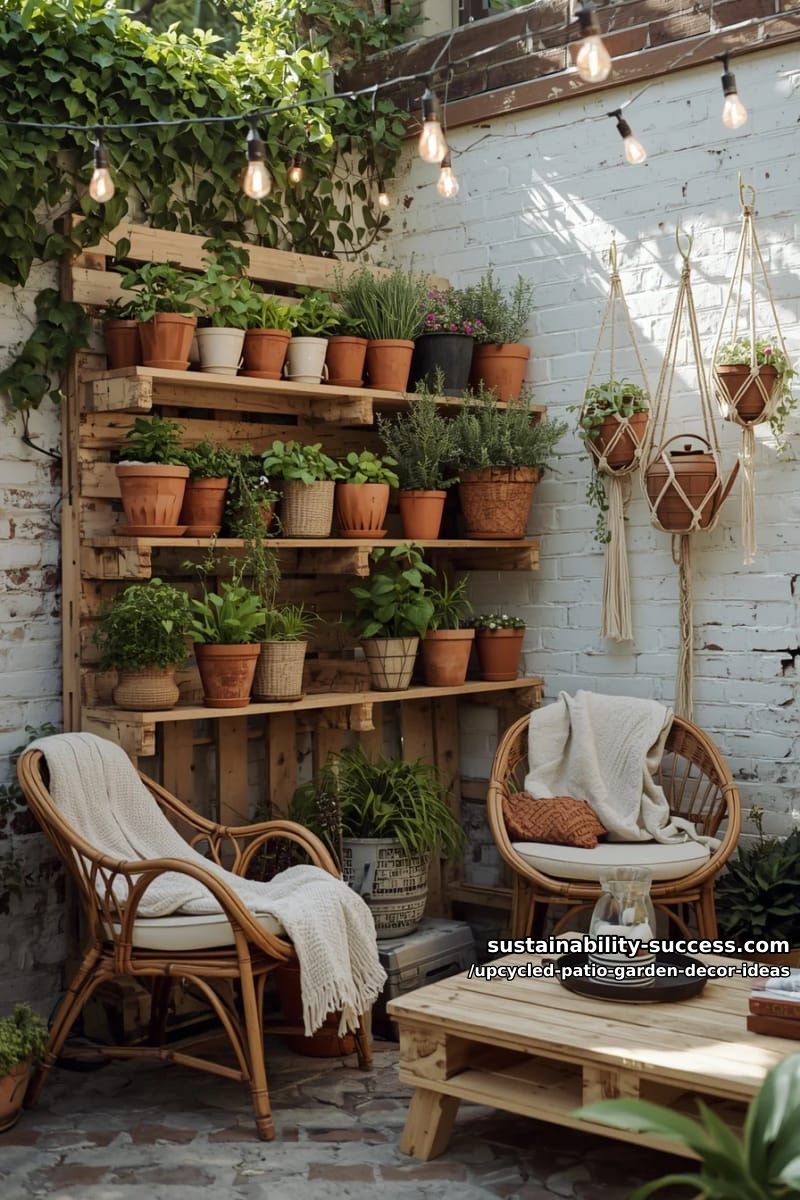 wooden pallets stacked and filled with herbs for rustic patio wall decor 1