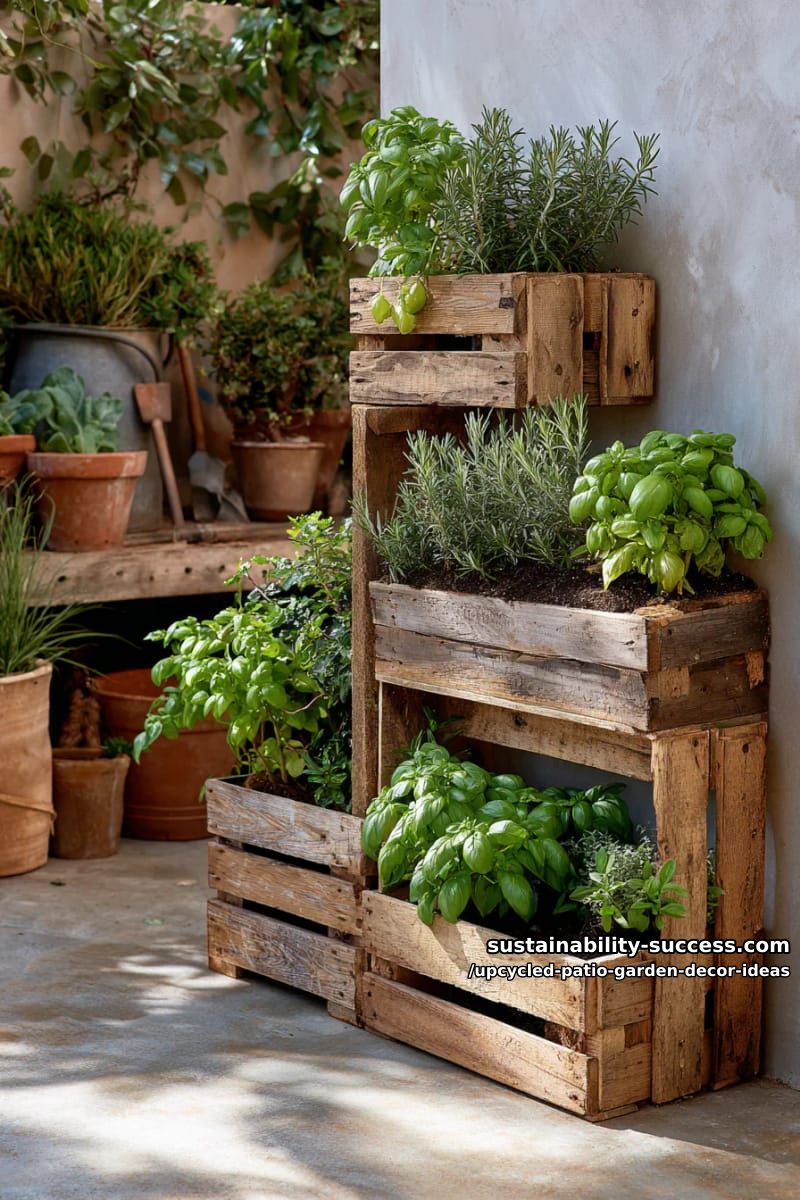 wooden pallets stacked and filled with herbs for rustic patio wall decor 1