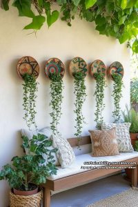 woven basket wall with cascading greenery for natural, boho patio texture 29