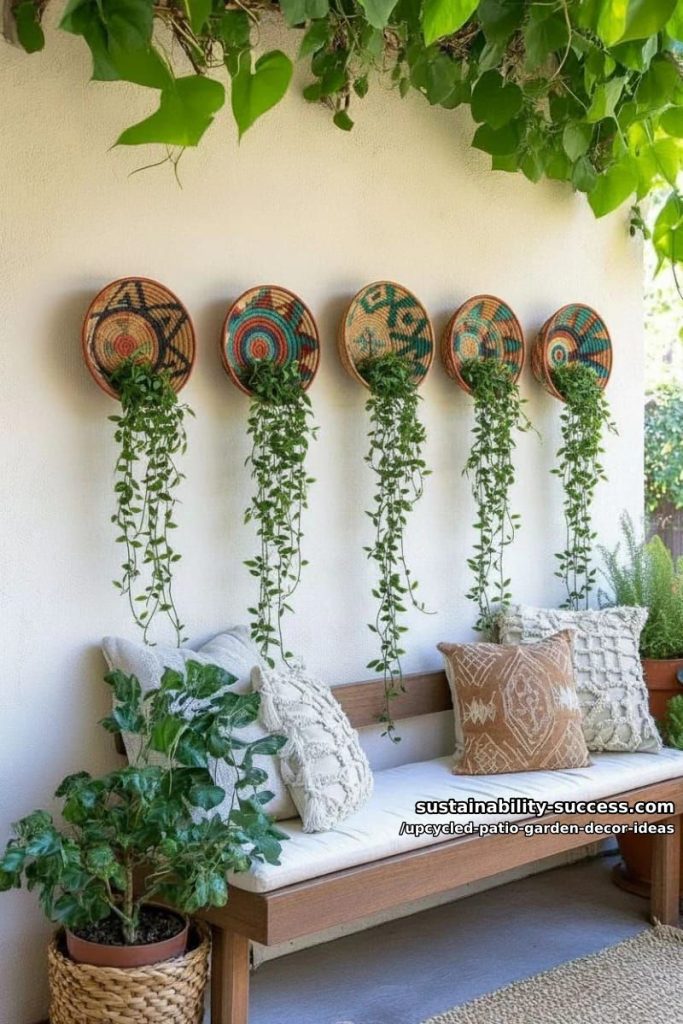woven basket wall with cascading greenery for natural, boho patio texture 29