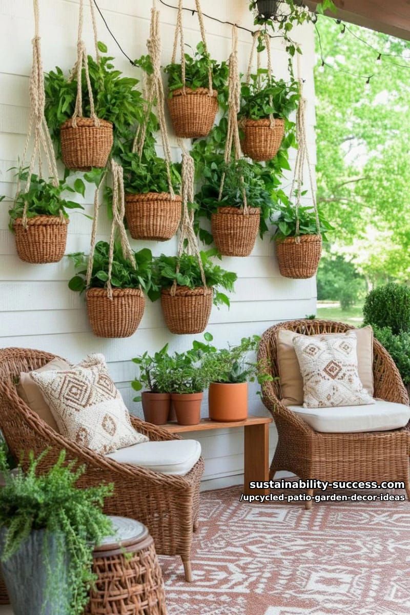 woven basket wall with cascading greenery for natural, boho patio texture 1
