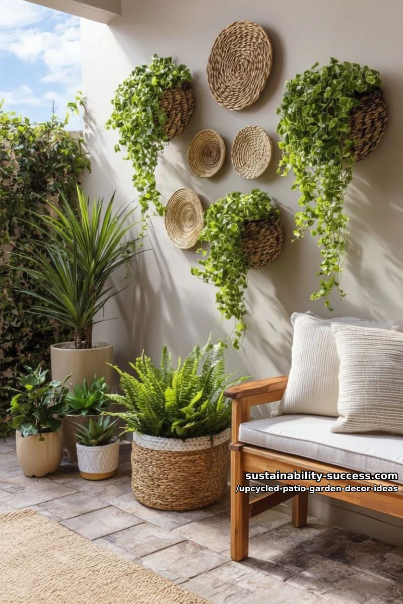 woven basket wall with cascading greenery for natural, boho patio texture 1