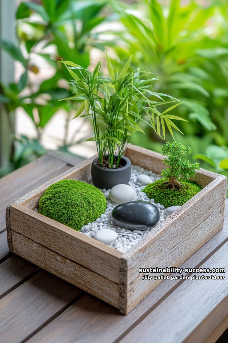 zen-inspired moss and stone miniature garden in a shallow pallet crate 1