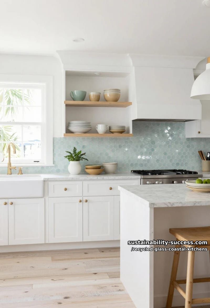 a pale-aqua penny round backsplash in 100% recycled glass 1