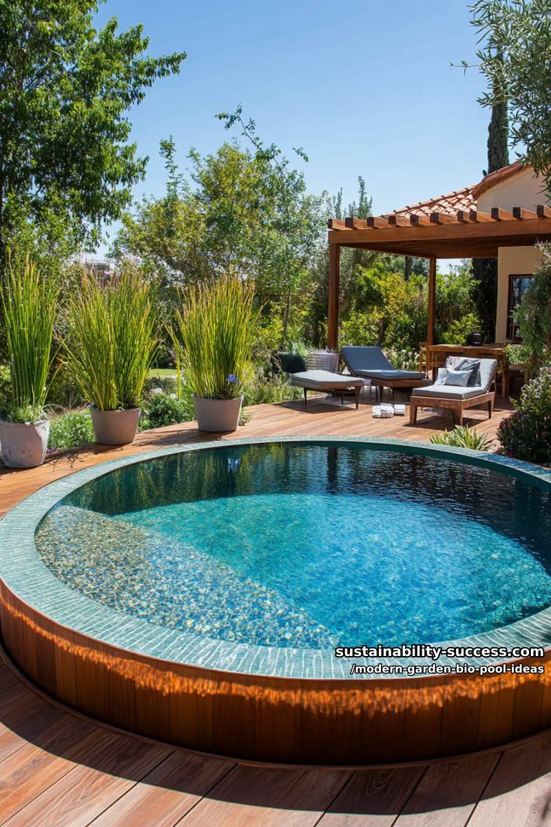 above-ground round bio pool with wraparound wooden terrace 1
