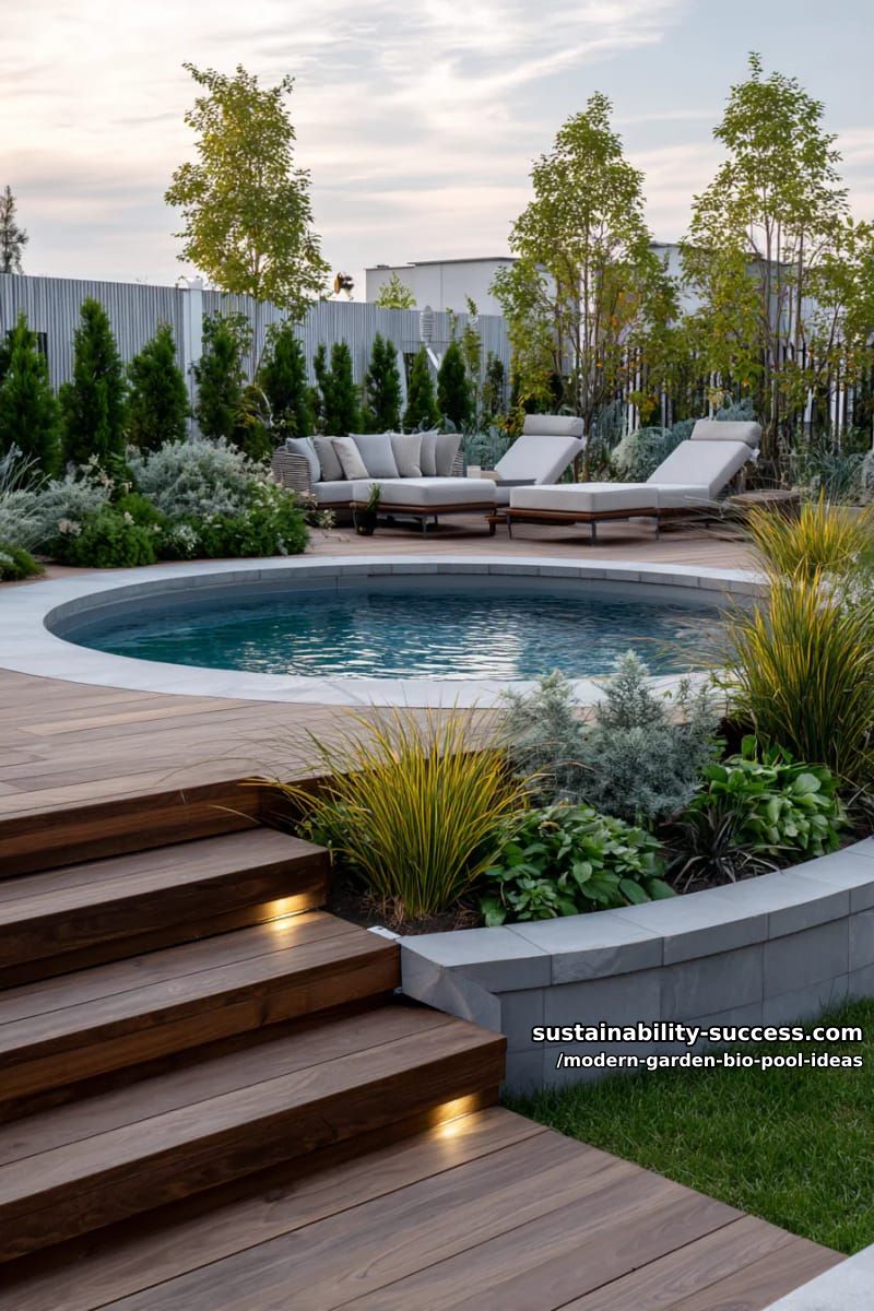 above-ground round bio pool with wraparound wooden terrace 1