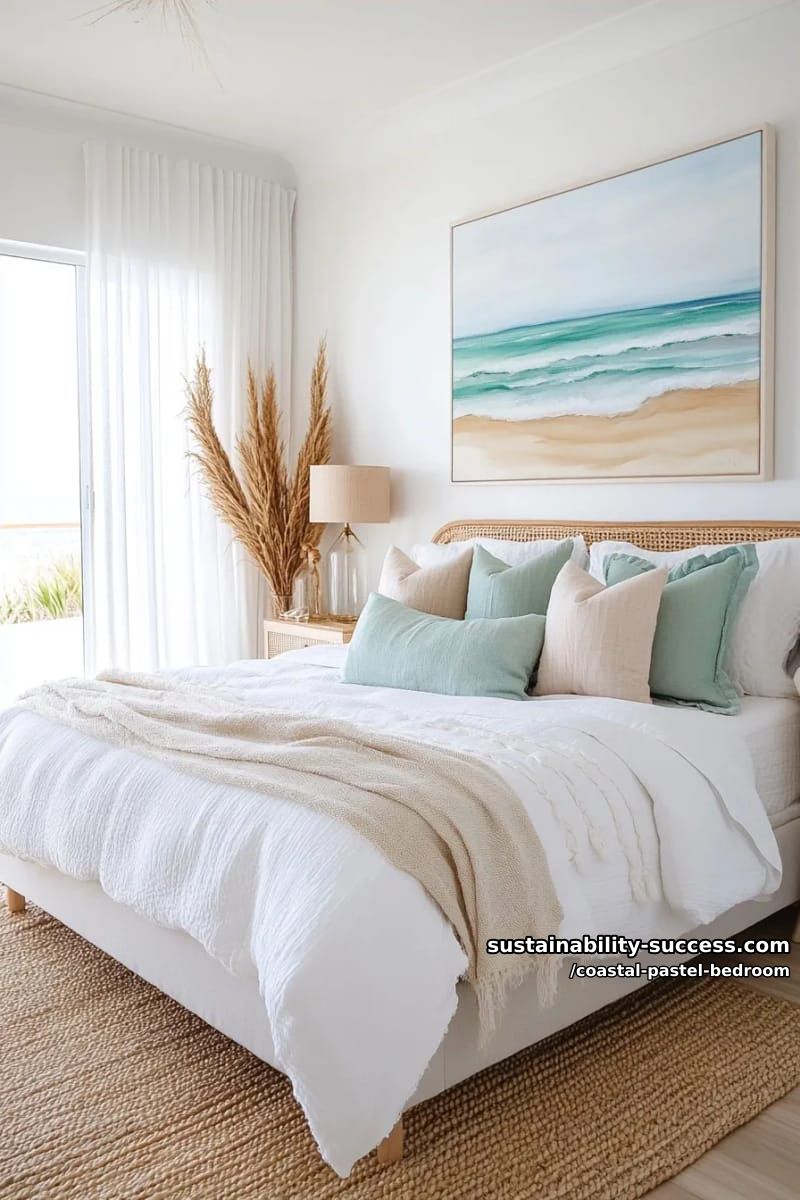 abstract coastal landscape canvas in soft coastal paint colors above bed 1