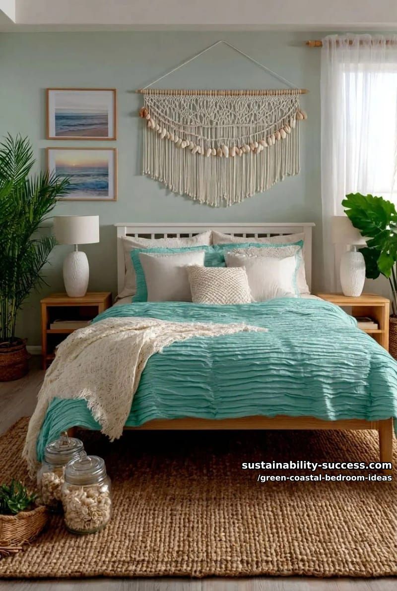 aqua green bedspread with hanging macramé and seashell garlands 1