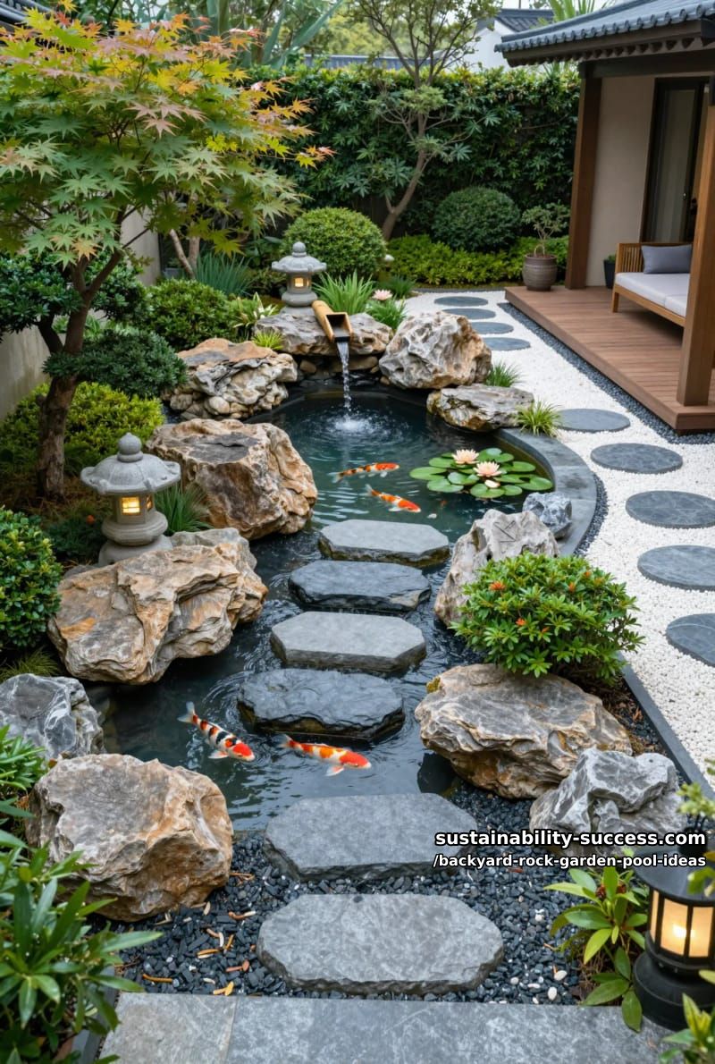 asian-inspired backyard retreat featuring stone lanterns and koi pond elements 1