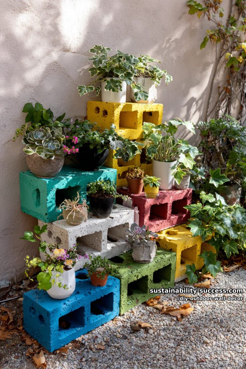 attach painted cinder blocks in playful stacks for a vibrant outdoor plant shelf. 1