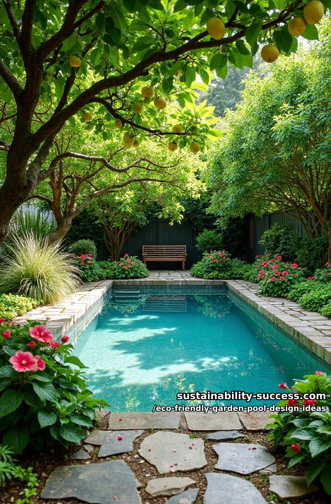backyard pool shaded by fruit trees and flowering shrubs 1