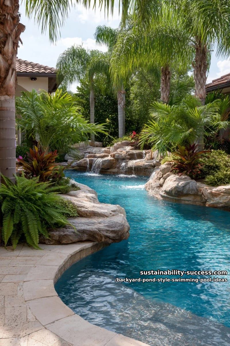 backyard swimming pool incorporating a tropical waterfall under palm canopies 1