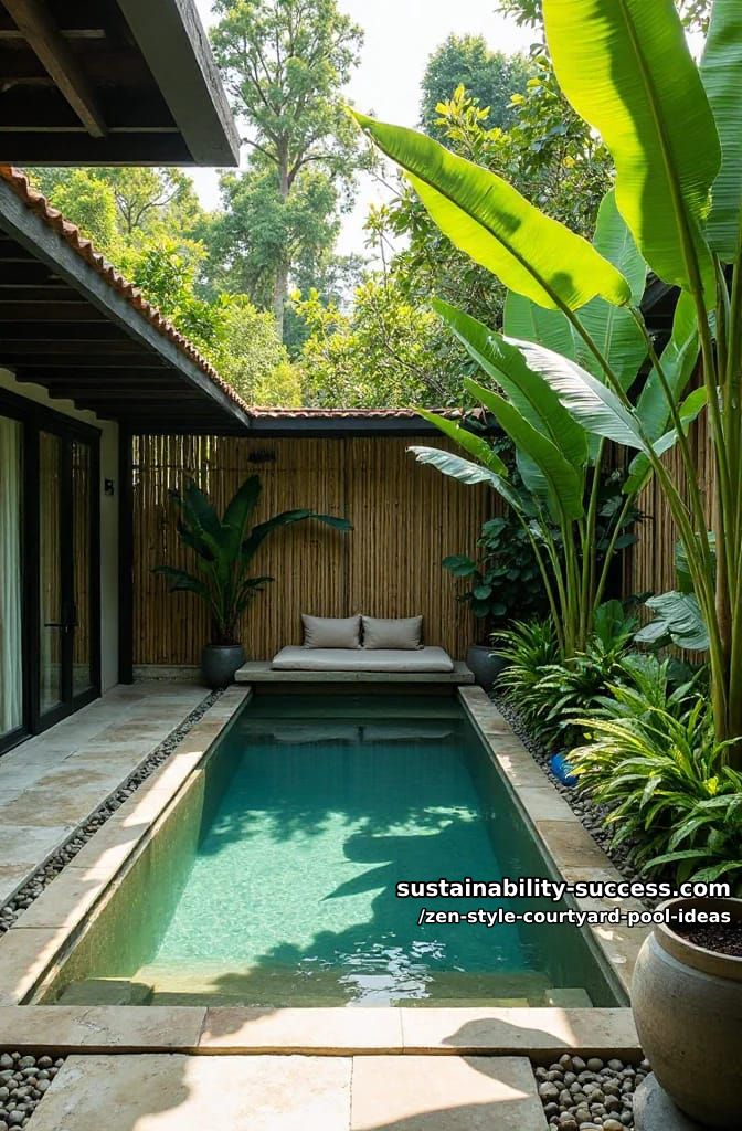 balinese-inspired swim-up seating nook with tropical plants and bamboo screens 12