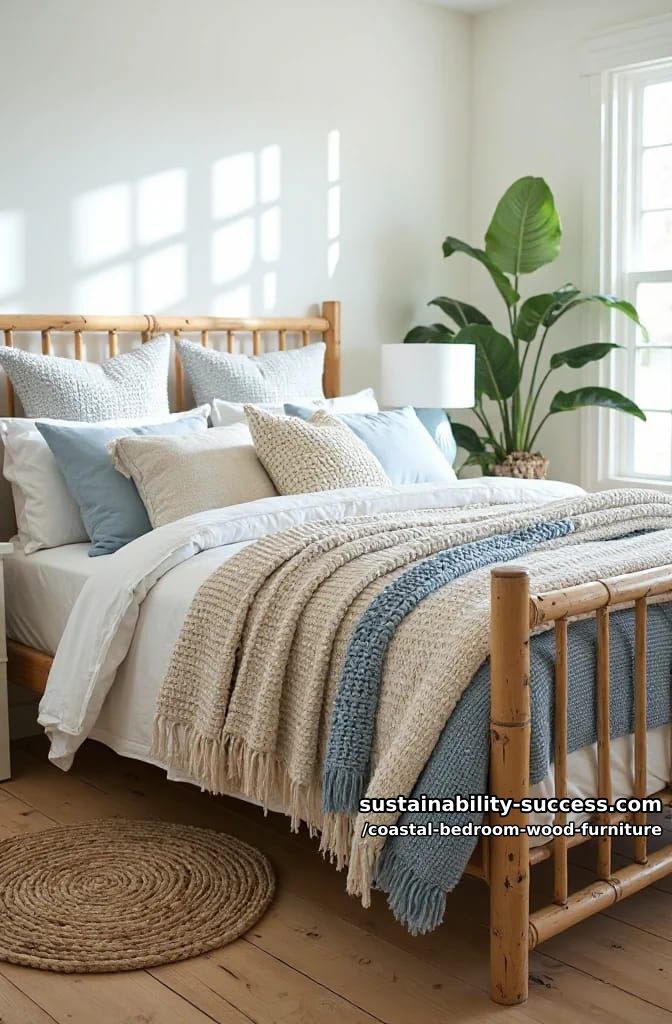 bamboo bed frame layered with textured, striped throw blankets 1