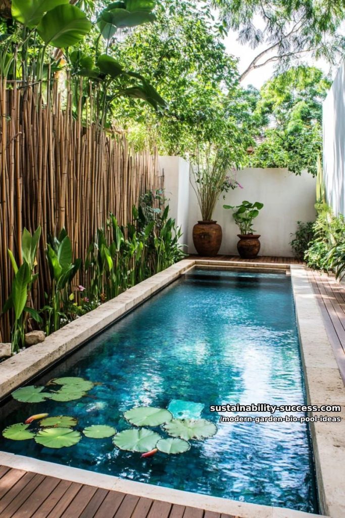 bamboo privacy screen and floating aquatic plants around crystal-clear water 7
