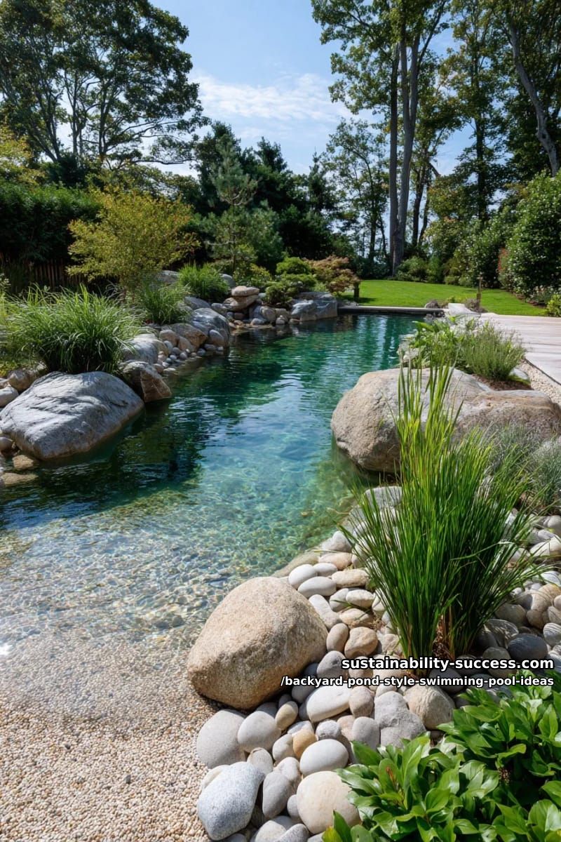 beach-entry pool with a pebble shore and marginal aquatic planting 1