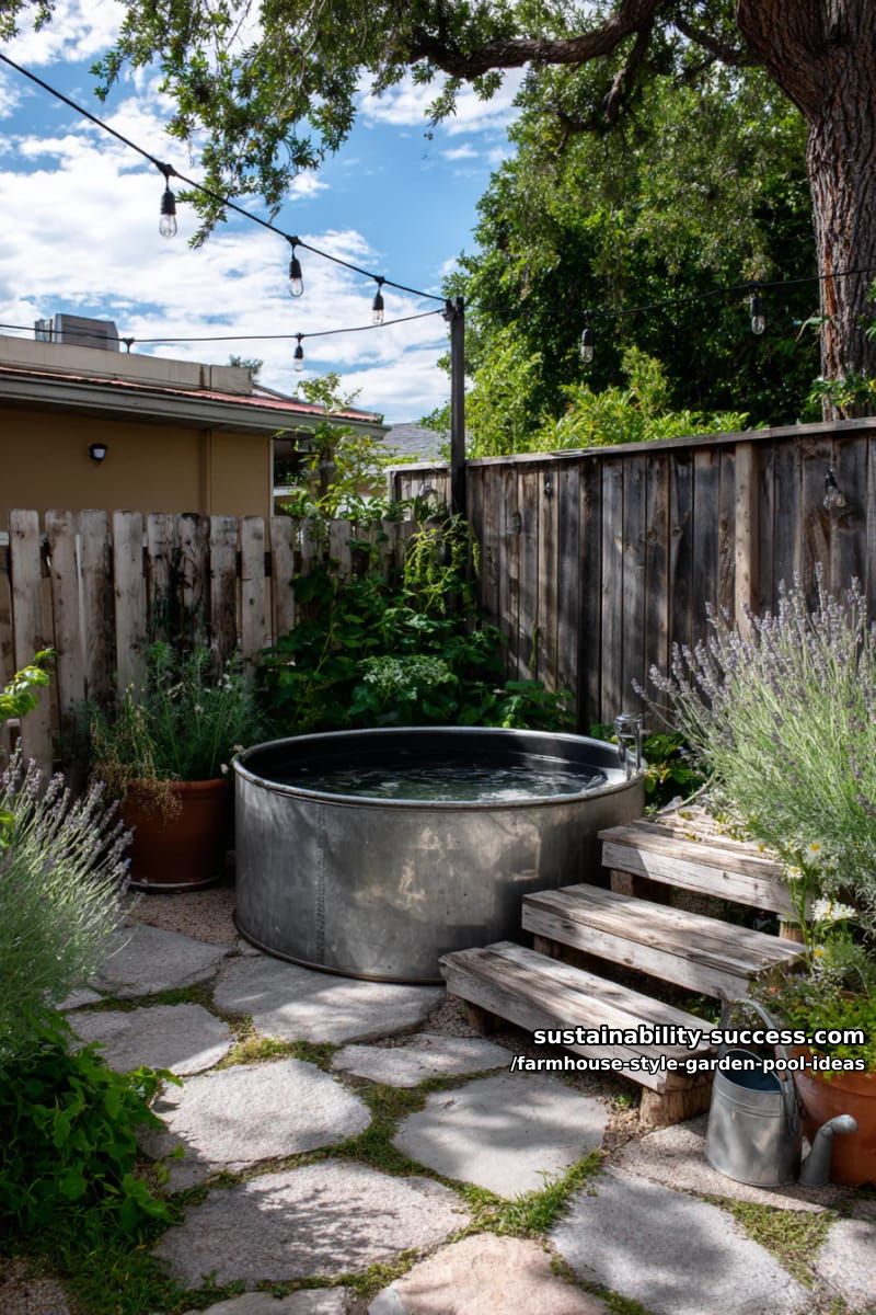 black steel stock tank plunge pool with vintage farmhouse steps 1