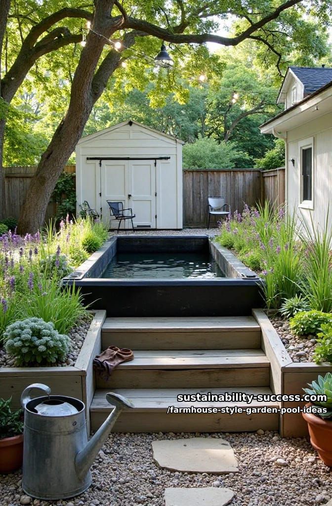 black steel stock tank plunge pool with vintage farmhouse steps 1