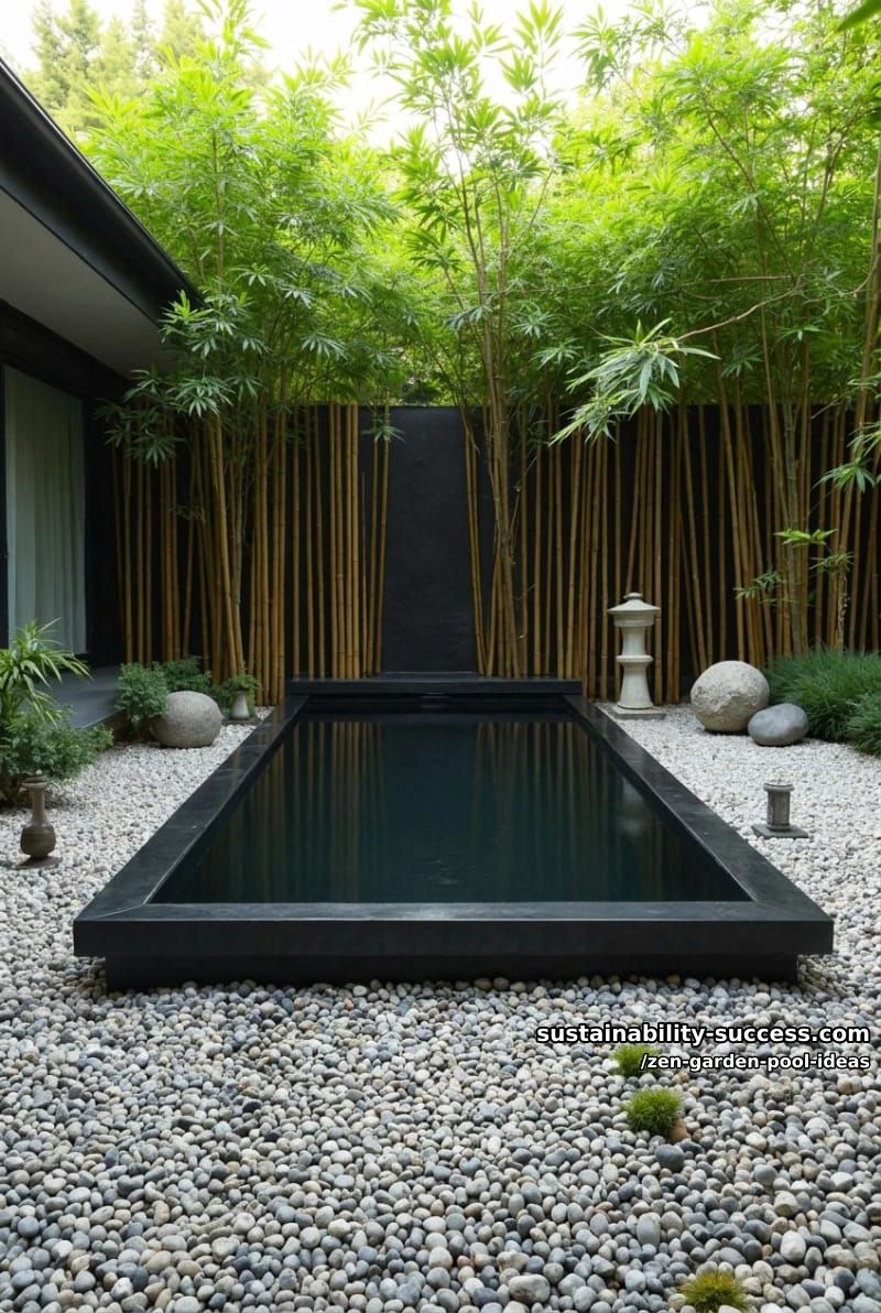 black stone pool with bamboo screening and pebble edge accents 1