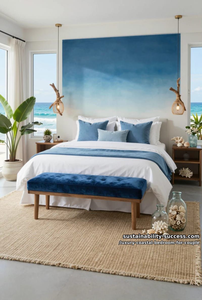 blue ombre wall art above bed with matching velvet bench seating 1