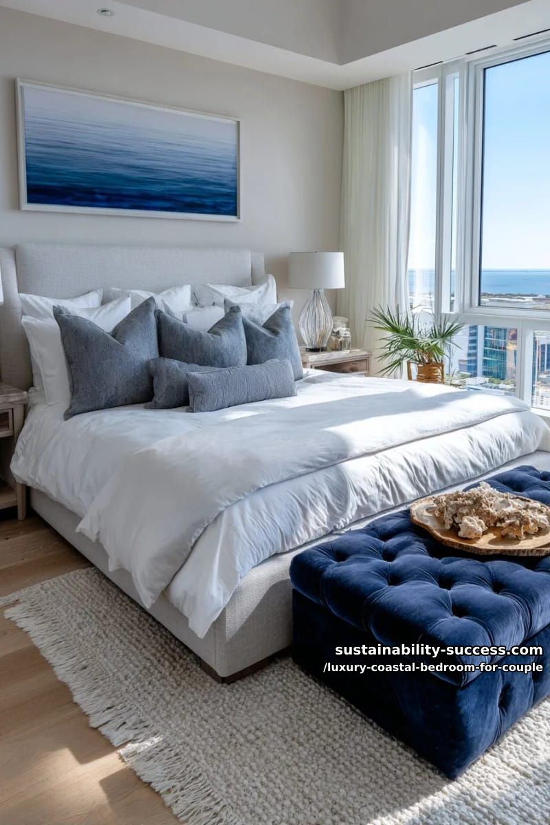 blue ombre wall art above bed with matching velvet bench seating 1