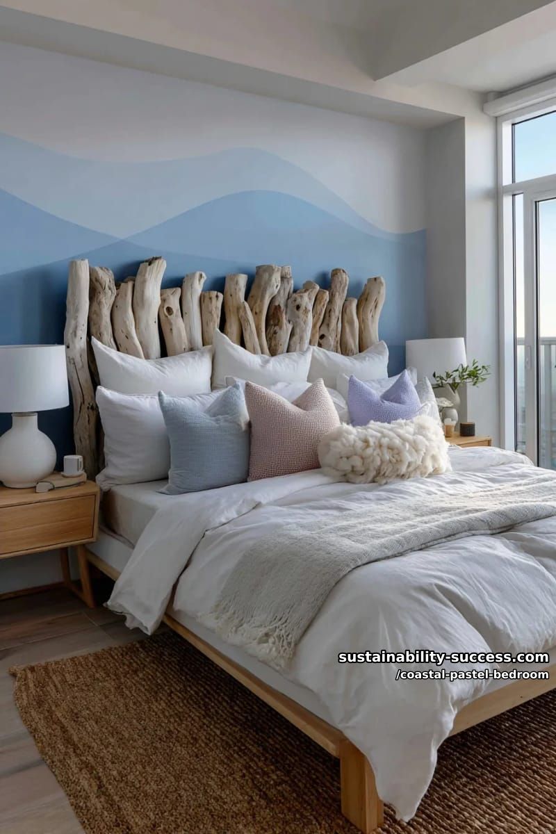 blue ombre wave mural behind driftwood headboard and cotton candy pillows 1