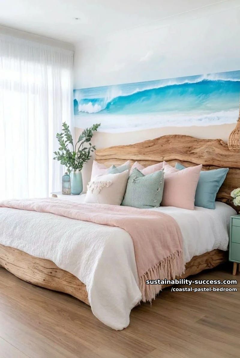 blue ombre wave mural behind driftwood headboard and cotton candy pillows 1