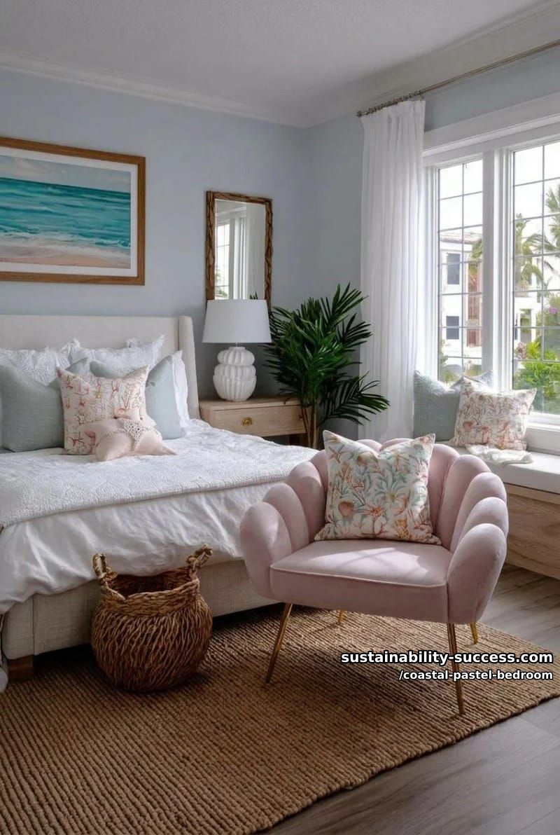 blush velvet accent chair with woven jute rug and beachy throw pillows 1