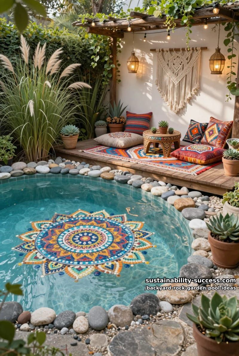 bohemian pool corner with painted pebbles, macramé hangings, and tall grasses 1
