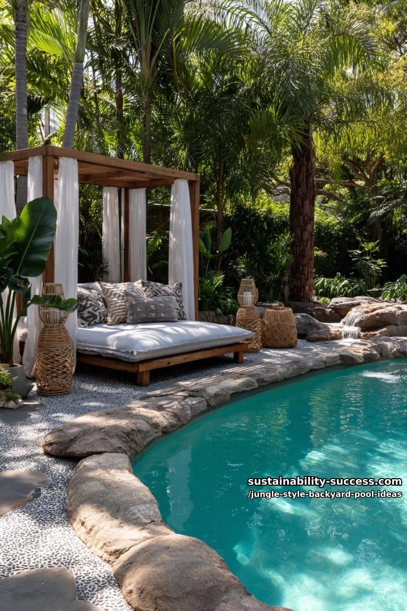 boho canopy beds beside a lagoon-style swimming pool 1