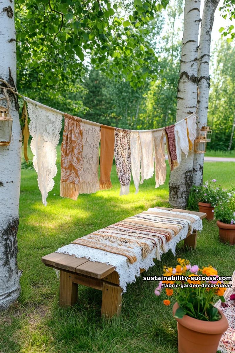boho fabric garland banners fluttering between garden trees for a dreamy vibe 1