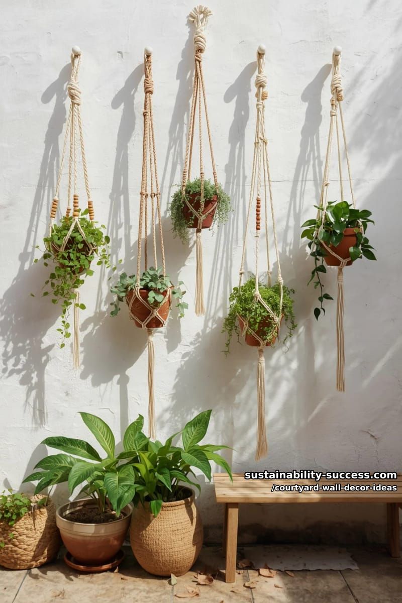 boho macramé plant hangers cascading down against a whitewashed wall 1