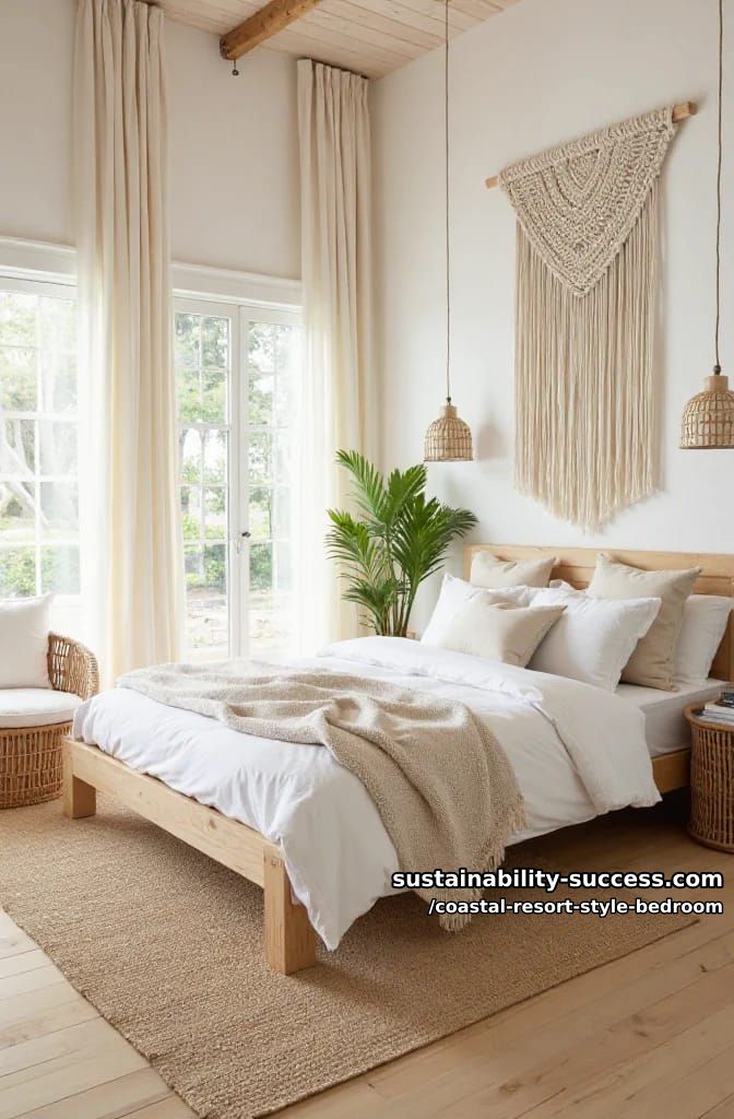 boho resort mood with macramé wall hangings, rattan baskets, and sandy neutrals. 1