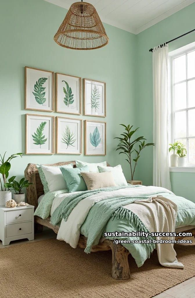 botanical wall art gallery above a driftwood bed frame 1
